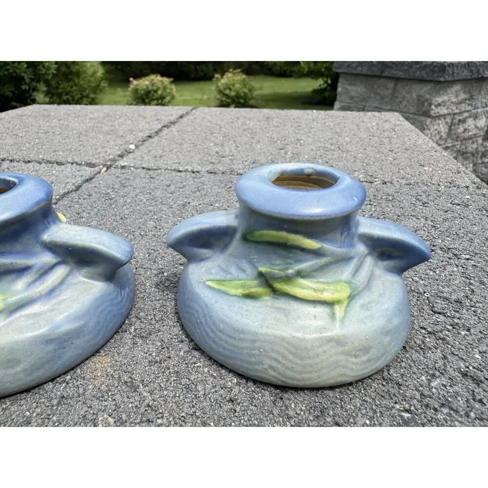Roseville Freesia Blue Pottery Candle Holder Pair 1160-2 Candlestick Pair